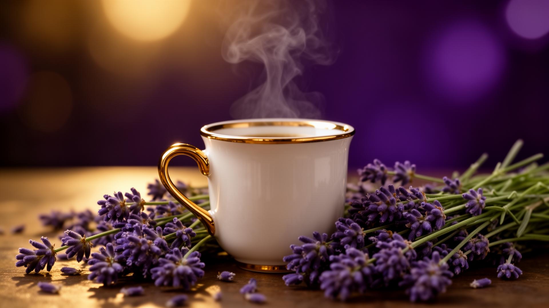 Steaming porcelain coffee cup with lavender